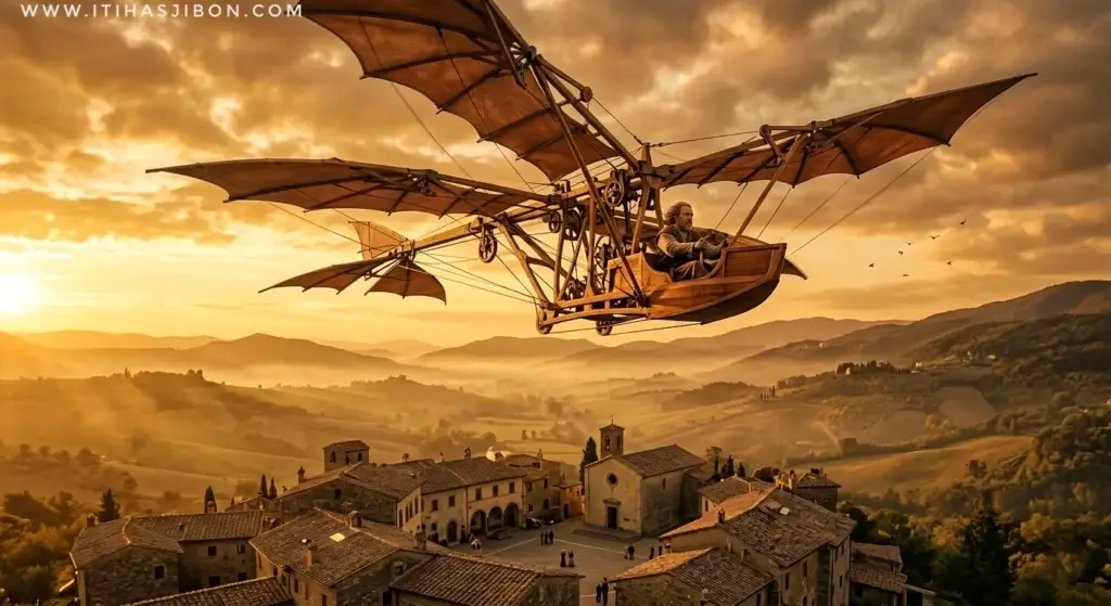 A mechanical flying machine invention of Leonardo da Vinci soaring over a Tuscan village at sunset