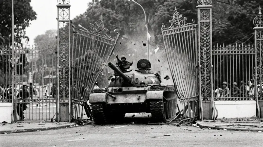 ​A North Vietnamese tank crashing through the gates at the End of the Vietnam War in 1975