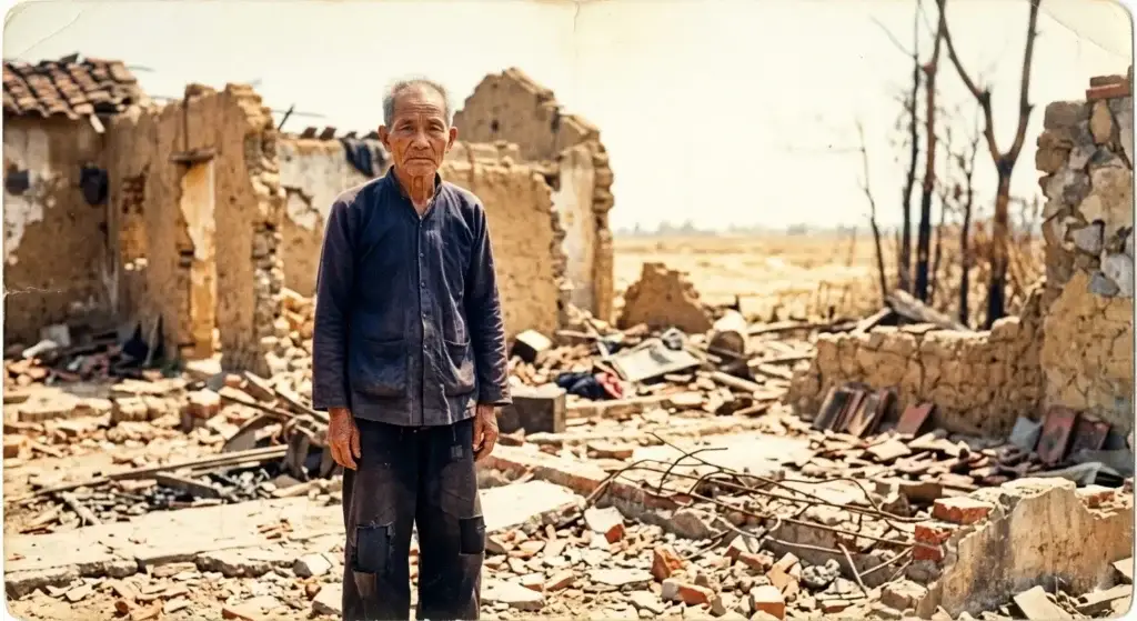 An elderly man standing amidst ruins reflecting on the End of the Vietnam War and its impact