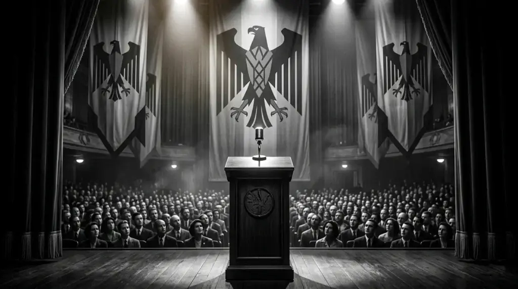 Nazi propaganda rally with Hitler's banners during the Holocaust era.