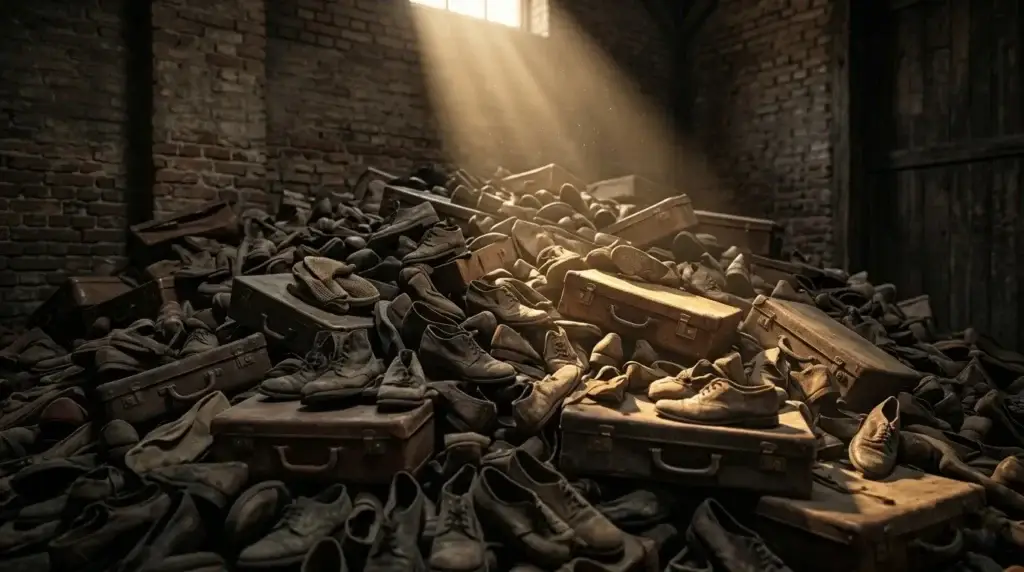 Discarded shoes of victims at a concentration camp, a symbol of Holocaust horror.